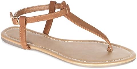Women's T Strap Thong Gladiator Strappy Jelly Shiny Flat Flip Flops Sandals (9, Cognac PU)