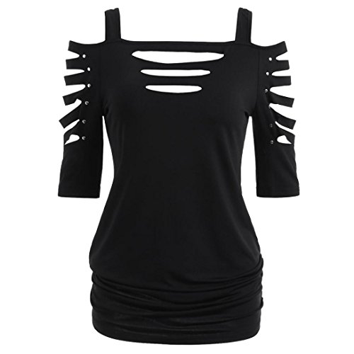 Womens Fashion Shoulder Cut Lacerated Sleeve T-Shirt Hollow Out Casual Tops (Size:L, Black)