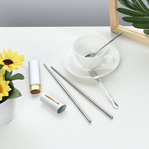 Fheaven (TM) Portable Folding Dinnerware Set Stainless Steel Fork Spoon Chopsticks Tableware Camping Tools for Travel + Case (Silver)