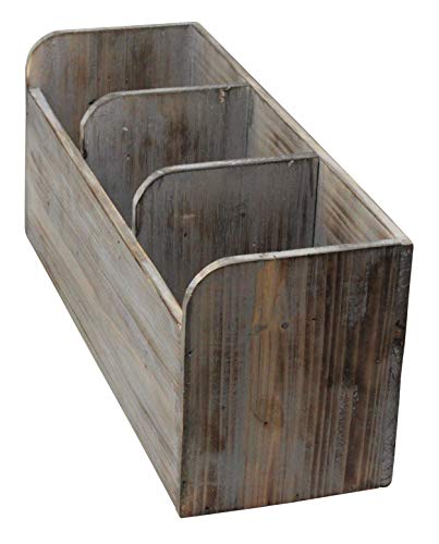 Vintage Rustic Barnwood Torched Wood Kitchen Utensil Holder - 3 Compartment Organizer Caddy Box For Cooking, Silverware, Flatware, Sauce Spoon, Tongs, and More