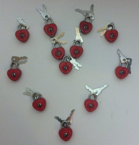 12 red heart shaped locks with keys, party favor