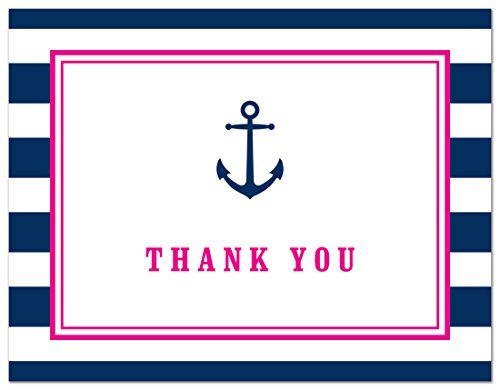50 Cnt Navy Stripes Pink Border Anchor Nautical Baby Shower Thank You Cards