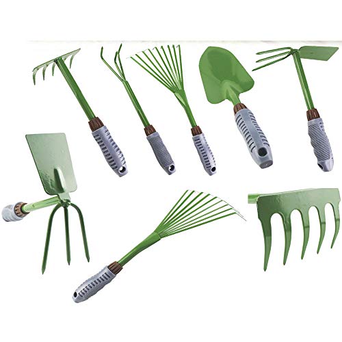 KEJIH Five-Piece Gardening Tools Set Potted Flower - Including Double Use Hoe 3 prongs,9-Teeth Leaf rake, 5-Teeth rake,Cultivator/Weeder,Trowel/Shovel with High Carbon Steel and Soft PVC Handle Grip