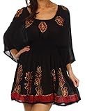 Sakkas 982 Embroidered Batik Gauzy Cotton Tunic Blouse - Black / Red - One Size