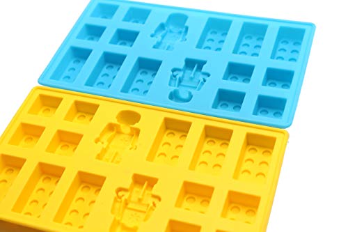 Lego Figure Multi Building Bricks Ice Cube Trays & Candy Chocolate Molds for Melted Chocolate & Crayons - Birthday Day or Party Favors - Set of 2, Much Fun for Lego Lovers(Blue & Yellow)