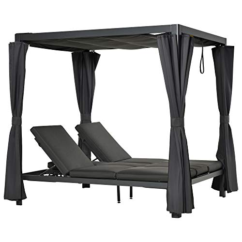 Outsunny Sonnenliege für 2 Personen Doppelliege mit Vorhängen Sonnendach Pavillon Gartenliege Sonnenbett vertsellbar…