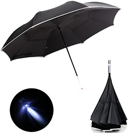 DOLIROX LED Inverted Umbrella Double Layer Car Reverse Umbrella Windproof and UV Protection Self Standing with SOS Caution Light Safe Reflective Piping Functional Straight Umbrella