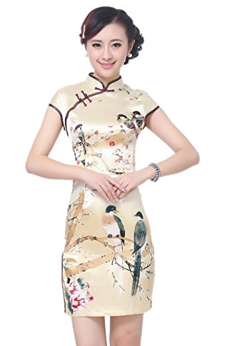 AvaCostume Women's Chinese Bird and Floral Print Split Side Qipao Dress 2 Gold