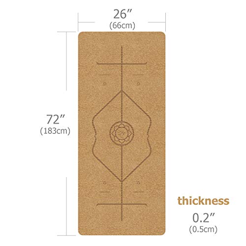 FrenzyBird 5mm Natural Cork Yoga Mat with Body Alignment System, Oxford Mat Bag and Strap, Non-Slip, Double-Sided,Antimicrobial,Free of PVC and Other Harmful Chemicals, for Yoga,Hot Yoga and Pilates ...