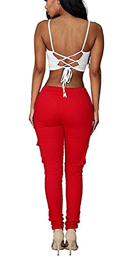 Coutgo Womens Casual stretch drawstring skinny pants cargo jogger pants (M, red)