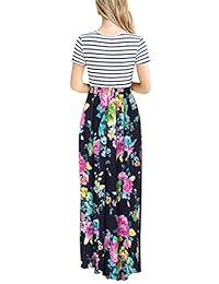 MEROKEETY vestido maxi de manga corta a rayas con estampado floral de verano con bolsillos de cintura alta para mujer