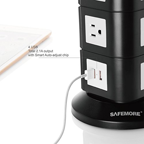 Safemore Surge Protector Power Strip 10-Outlet with 4-USB Multiple Outlets Tower Socket 6.5ft Long Cord 3 Prong Plug Universal Charging Station for Office (Black and White) - Thumbnail 5