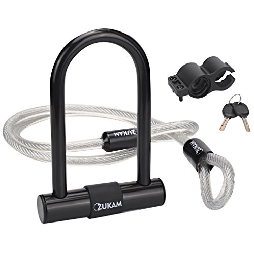 ZUKAM Bike Lock Heavy Duty Bicycle U Lock with 4FT/1.2M Flexible Steel Loop Cable and Bike Mounting Bracket