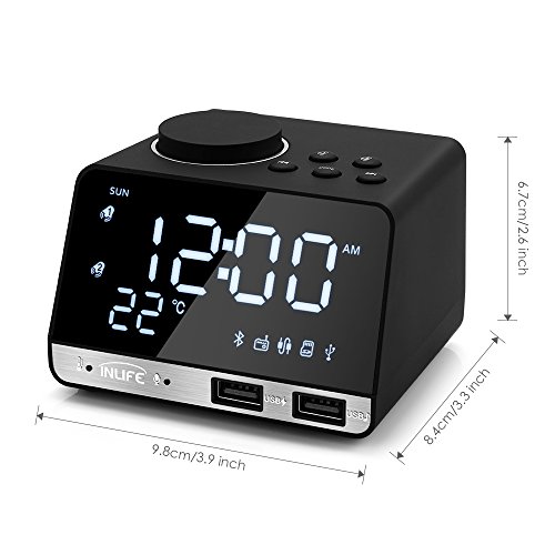 Digital Alarm Clock Radio Thermometer Clock LED Alarm Clock Bluetooth Speaker, Alarm Clock with USB Charging, Snooze, Portable Clock, AUX TF Card Play