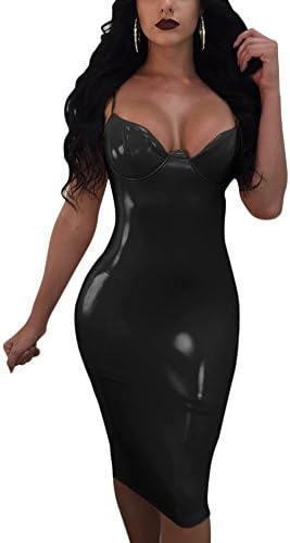 Ladies V Neck Sleeveless Slim Bodycon Wet Look Faux Leather Midi Cocktail Pencil Party Dress