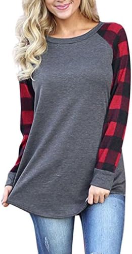 DRACLE Shirt for Women's, O-Neck Long Sleeve Pullover Tops Blouse Lattice Stitching (S, Gray A)