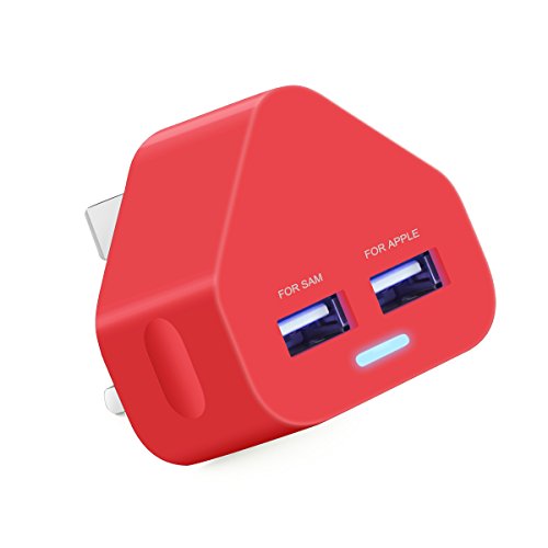 ameego Dual USB Mains Charger 2AMP/2000mAh Rapid Speed Charging Universal Adapter with Smart IC UK Plug for iPhone/iPad/Samsung/Pixel/Windows Phone/Tablets & USB Devices - RED