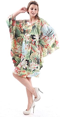 Rose Secret Women's Satin Pajamas Loose Boho Batwing Sleeved Nightgowns White And Green