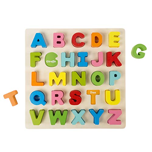 Hey! Play! Wooden Alphabet Puzzle Board with Colorful Wood Letters- Educational Toy for Learning Alphabet, Spelling, & Words for Boys & Girls