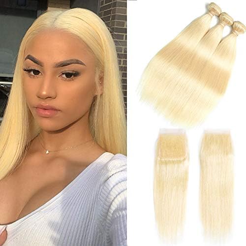 613 Blonde Bundles With Closure 182022+16 inch 613 Platinum Blonde Human Hair 3 Bundles With Transparent Color 4x4 Lace Closure Brazlian Straight Remy Hair Extension Can Be Dyed (bundles with closure)