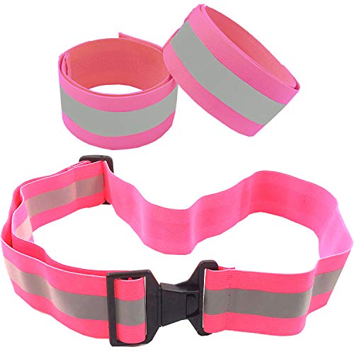 High Visibility Reflective Belt, Army PT Belt. Reflective Running Gear for Men and Women for Night Running Cycling Walking. Military Safety Reflector Strips (Pink Belt + 2 Bands)