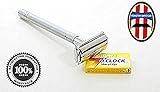Extra Long Chrome Double Edge Safety Razor • Twist to Open Butterfly Wet Shave Head • Heavy Solid Brass Handle • Five 7 O'Clock Stainless Blades • For Hair Removal or Grooming Beards and Mustaches