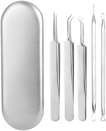 Tweezier | 5Pcs Surgical Grade Multi-Purpose Facial Tweezers Set with 3 Extractors | Anti-Rust Durable Stainless Steel Material | Anti-Slip Grip Tweezers Set with Tin Casing Included | Silver | 720.14