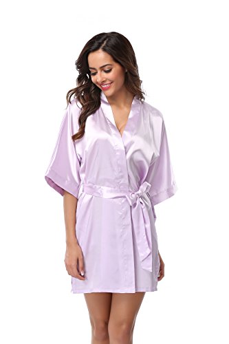 Feelia Women's Satin Kimono Robe Short Bathrobe For Wedding Party, Solid Color, Short, Light Purple,S - Thumbnail 5