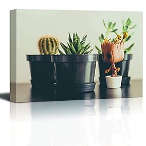 Canvas Wall Art Cactus on Top of Desk Painting Artwork for Home Prints Framed - 12x18 inches