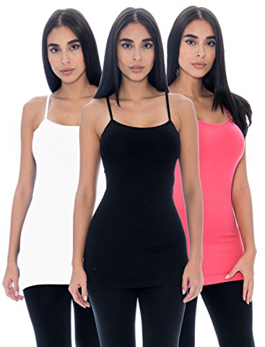 Unique Styles 3 Pack Long Camisole Tank Tops for Women Layering Cami (3-PK: Black, White, Coral, Regular Size (S,M,L))