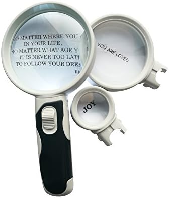 Magnifying Glass Set Of 3 - Illuminated Lens 2.5X, 5X and 16X High Magnification Power. Handheld Magnifier For Seniors Reading, Maps, Jewelry, Watches, Hobbies. GREAT FOR EVERYONE. Perfect as a Gift