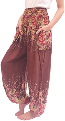 ChiangmaiThaiShop Yoga Boho Harem Pants Plus Size For Men &amp; Women Elastic Waist Loose Rayon (Medium, Brown)