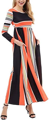 Uniboutique Women's Casual Short Sleeve Elastic Empire Waist Striped Long Maxi Dress with Pockets