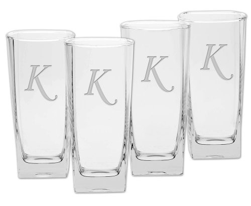 Culver Deep Etched Cooler Glass, 16-Ounce, Monogrammed Letter-K, Set of 4
