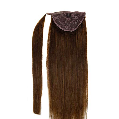 LaaVoo 12" Long Straight Wrap Around Ponytail Real Human Hair Extensions Lovely Color Dark Brown For Women Thick Hairpiece Binding Pony Tail Extension 80g (#4)