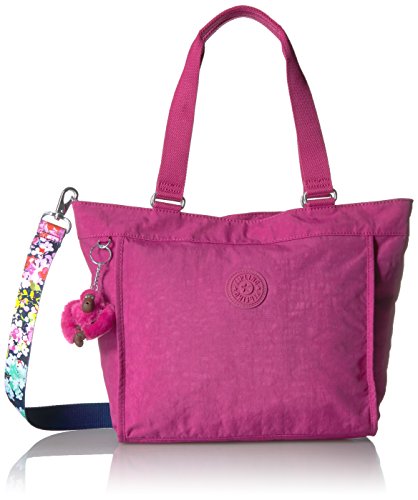 Kipling New Shopper Small Solid Tote with A Floral Printed Strap, Very Berry
