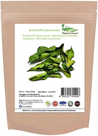 Yours Kitchen Premium Dried Kaffir Lime Leaves, Super Dry and Extremely Aromatic, Use to Cook many Asia Dishes, From Soups and Salads to Curries and Stir-Fried Dishes (1.09 Ounce)