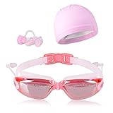 Peacoco Swim Goggles,Swimming Goggles Anti Fog No Leaking UV Protection with PU Swim Cap,Earplugs,Nose Clips and Case for Men Women Adult Youth Kids Child