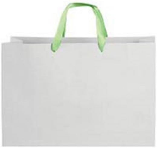 Large White on Kraft Folded Top Premium Paper Bags with Neon Green Ribbon Handles - Case of 100
