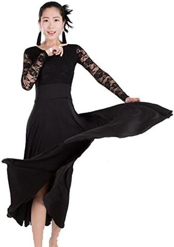 Women Big Long Swing Lace Ballroom Dance Dress with 7 colors for Spanish Flamenco Latin Tango (S, Black)