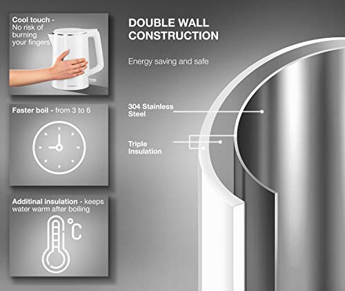 Premium Cordless Hot Water Electric Tea Kettle - Automatic Shut Off - Double Wall Cool Touch - Water Heater Boiler, Fast Boil - Portable Kettle - British Strix Сontroller
