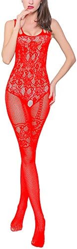 Aomtelove Sexy Women Lace Lingerie Teddy Stretch Fishnet Floral Crotchless Bodystockings Babydoll Open Crotch Tights Bodysuits Red