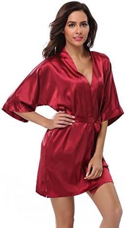 Feelia Women's Bridesmaid Robes Satin Kimono Short Bathrobe Silky Loungewear Bride Party Wedding with Pockets Nightwear