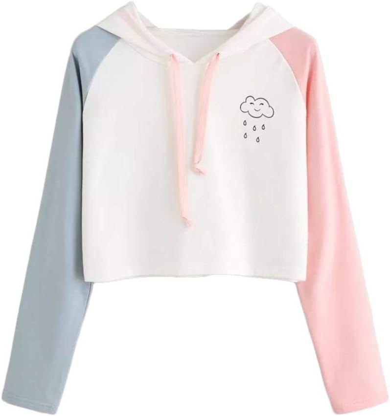 Teen Girls Women's Cropped Sweatshirts Cute Clouds Printed Crop Tops Casual Hoodies