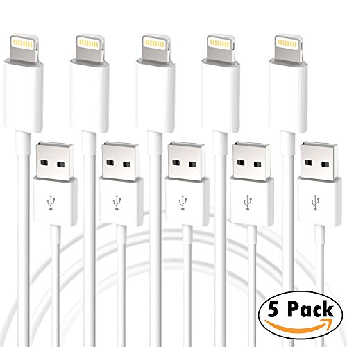 Charging Cables by JSD TM - 3 Feet USB to 8 pin charger for iPhone 5, 6, 7, iPad Air, Mini, 4th Gen, iPod Touch 5th Gen. Lightning Cable. Data Sync and Charging Cable Charger. iOS 10+ (5 Pack)