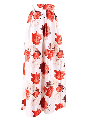 Novia's Choice Women African Floral Print Pleated High Waist Maxi Casual A-Line Skirt(White&Red Flower XXL)