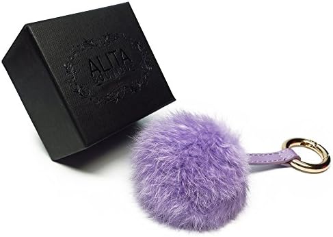ALITA Boutique Plush Rabbit Fur Pom Pom Ball Keychain - Adorn Elegant Purses, Handbags, &amp; Luggage — Luxury Bag Charm &amp; Fashion Accessory w/ Faux Leather Strap &amp; Premium Gold Metal Keyring (Amethyst)