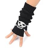 Flammi Women's Cable Knit Fingerless Gloves Arm Warmers with Crossbones Jacquard Skull Thumbhole Mittens (Black)