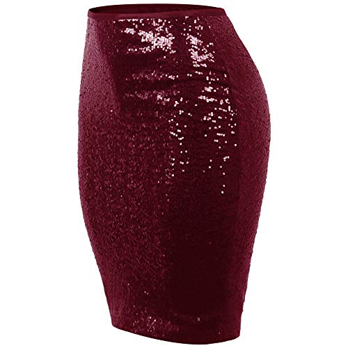 VICCKI Women Fashion Solid Slim High Waist Push up Hip Pencil Zipper Sequin Skirt Wine