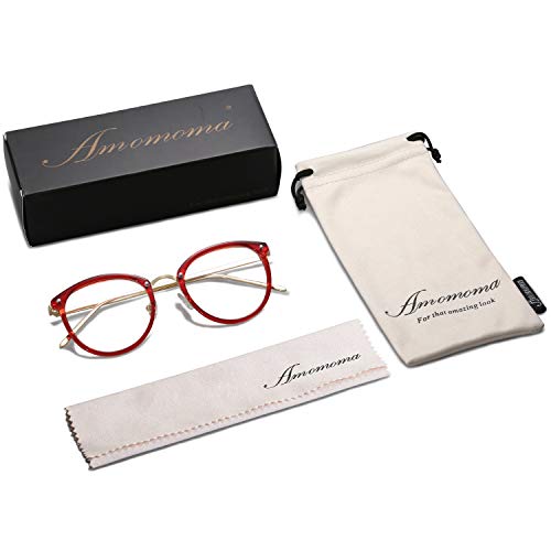 Amomoma Round Non-Prescription Eyeglasses Clear Lens Glasses Eyewear Frame A5001 with Red Frame/Clear Lens - Thumbnail 6